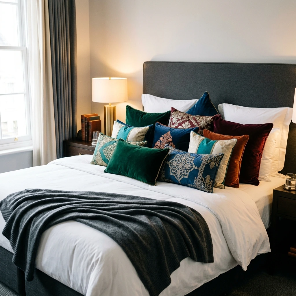 Luxury bedroom decor featuring a bed styled with a mix of velvet and embroidered decorative accent pillows in jewel tones.