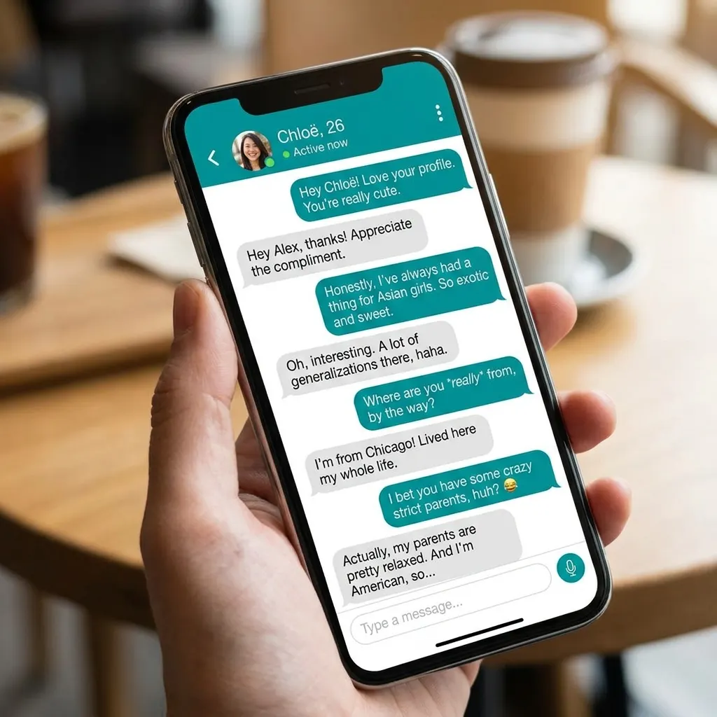 Close-up of a smartphone screen displaying a dating app conversation containing racial microaggressions and generalizations.