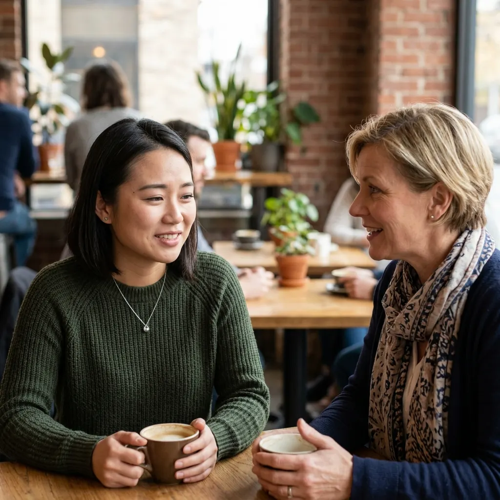 Young Asian woman and an older white woman having a conversation over coffee at a cafe table.