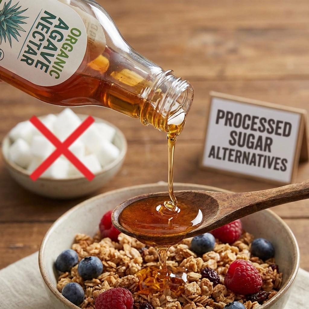 Pouring organic agave nectar over a healthy berry granola bowl as a processed sugar alternative