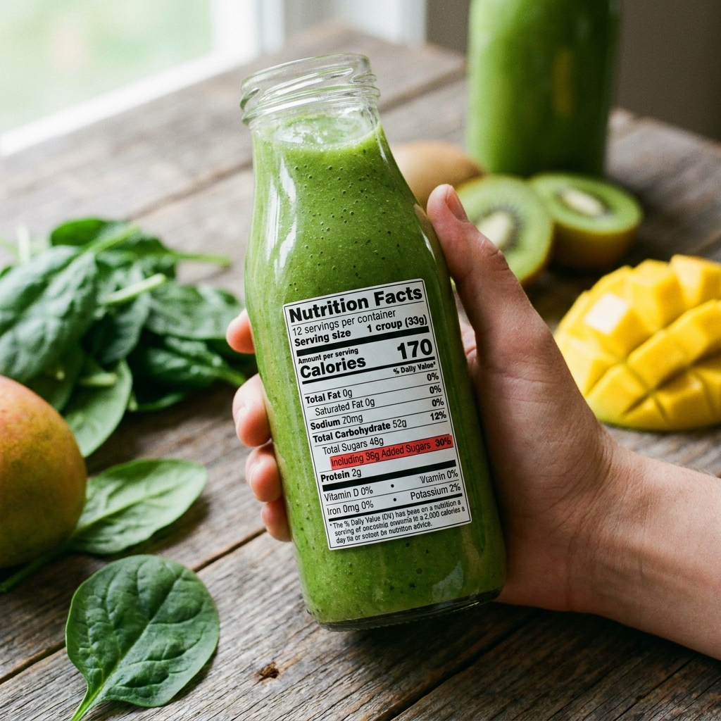 Close-up of a bottled green smoothie nutrition label highlighting 36 grams of added sugars