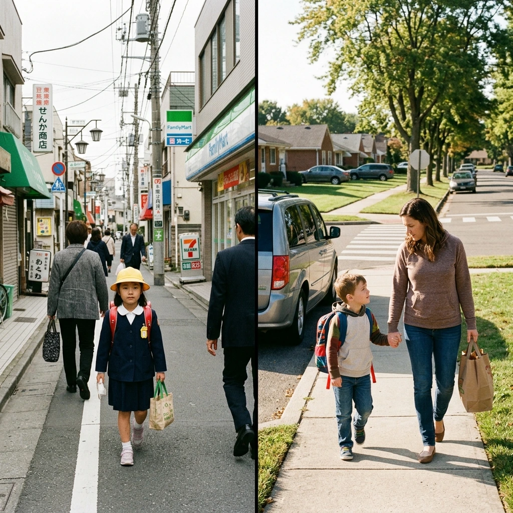 Split image illustrating cultural parenting differences: the left shows a young Japanese child in school uniform walking independently on a city street, while the right shows a mother holding her young son's hand as they walk down a suburban sidewalk.