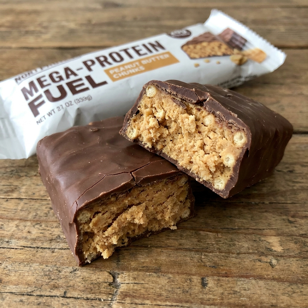 Broken chocolate peanut butter mega-protein bar showing inner texture on a wooden table