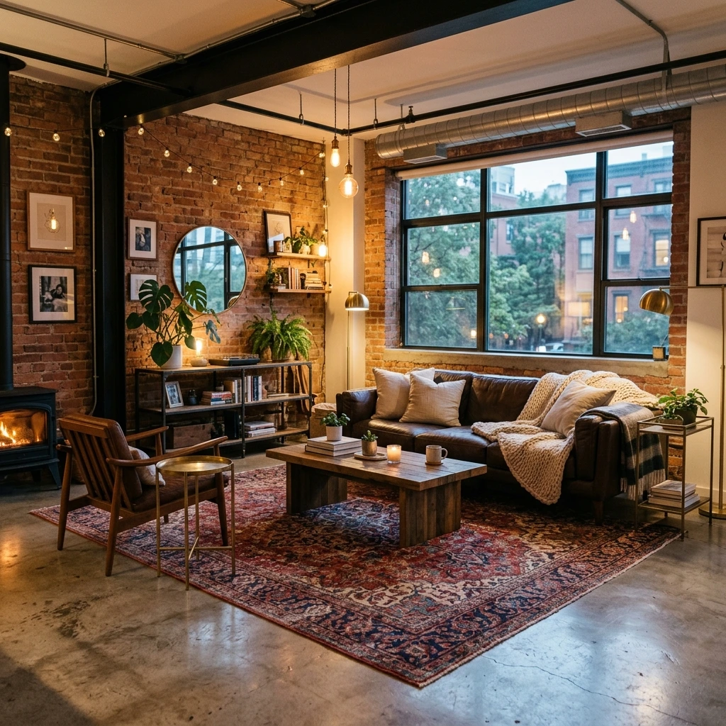 Cozy industrial loft living room featuring an exposed red brick wall, leather sofa, vintage oriental rug, and warm string lighting.