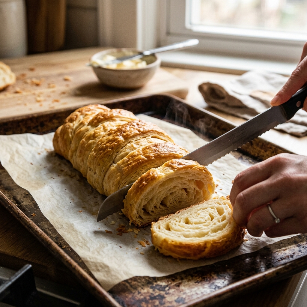 A freshly baked focaccia bread topped with sea salt and rosemary needles on a wooden cutting board, served alongside a bowl of spaghetti bolognese, fresh green salads, and a glass of red wine in a rustic kitchen setting.