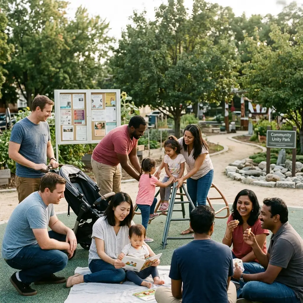 A diverse group of parents and young children socializing and playing together on a picnic blanket and playground climbing frame at Community Unity Park.
