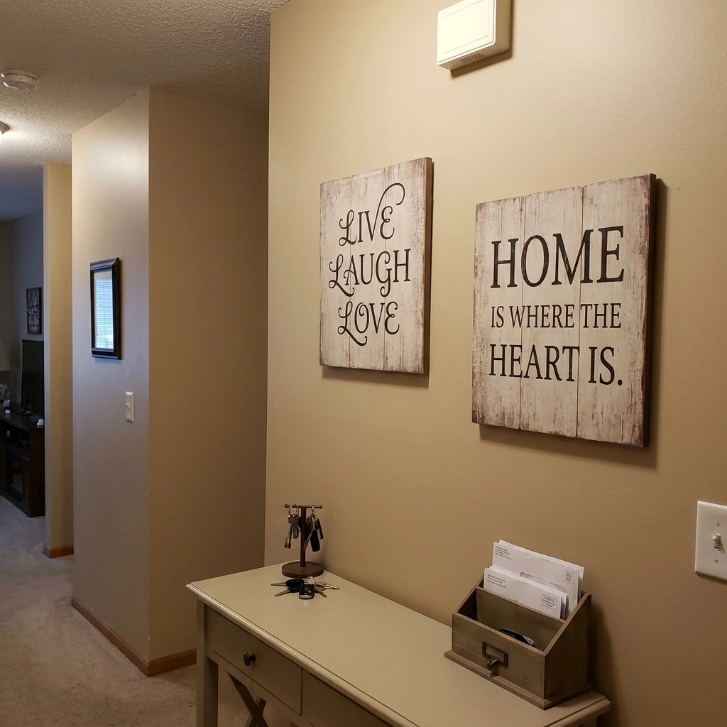 Rustic entryway console table with wood wall art reading Live Laugh Love and Home Is Where The Heart Is.