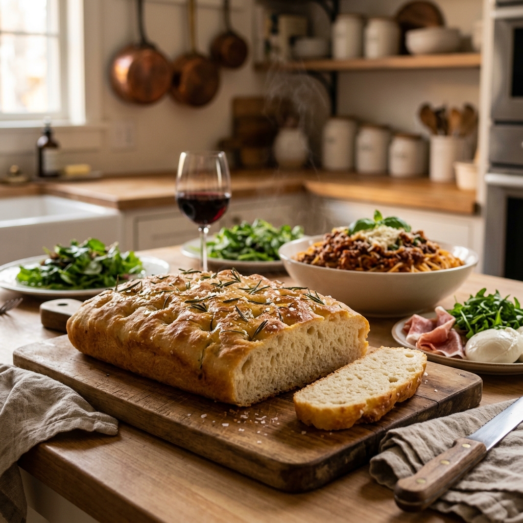 A person using a serrated knife to slice a warm, golden-brown crescent roll bread loaf on a parchment-lined baking sheet, revealing the delicate, flaky internal layers from the viral crescent roll loaf hack.