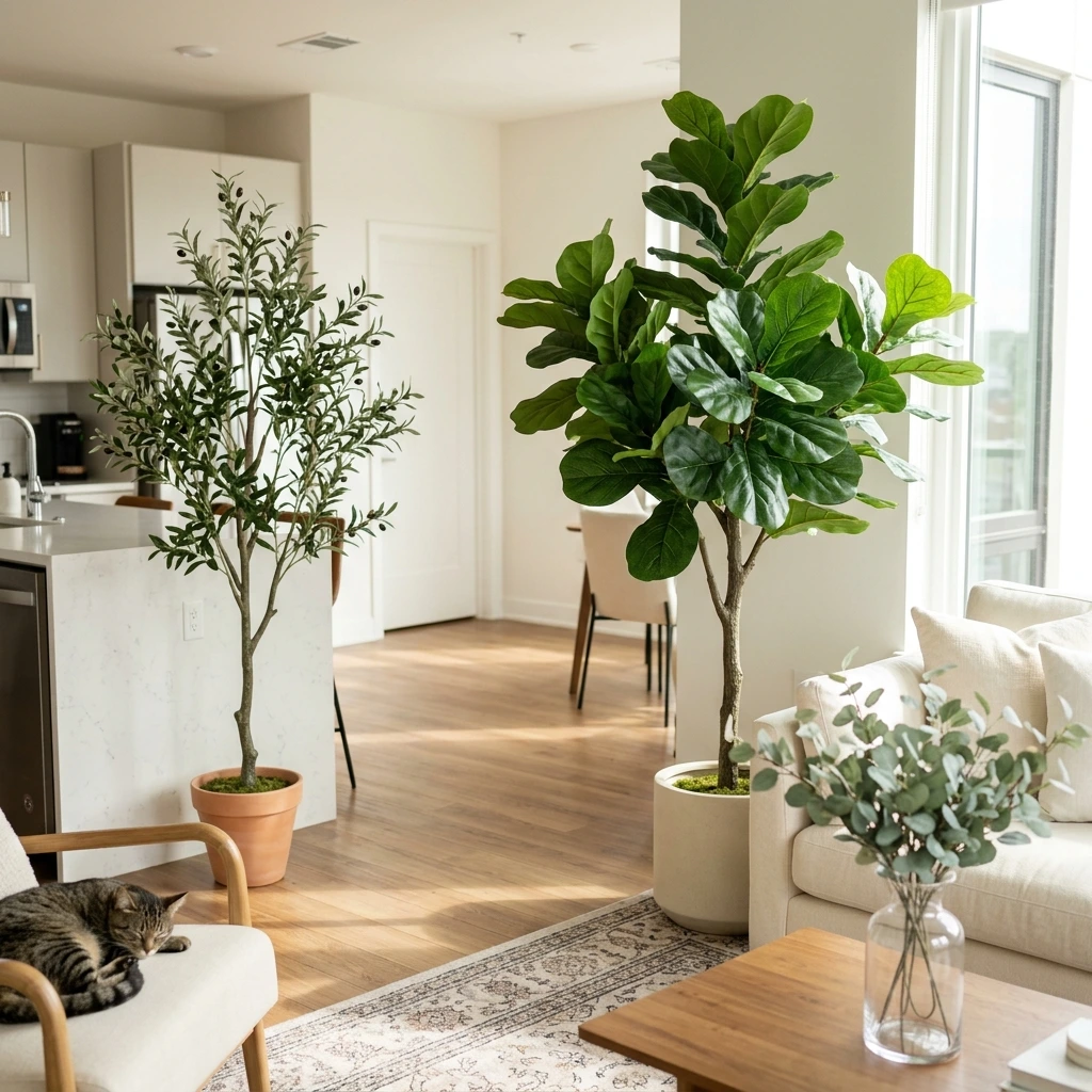 Bright open-concept living room styled with large lifelike faux potted fiddle leaf fig and olive trees.