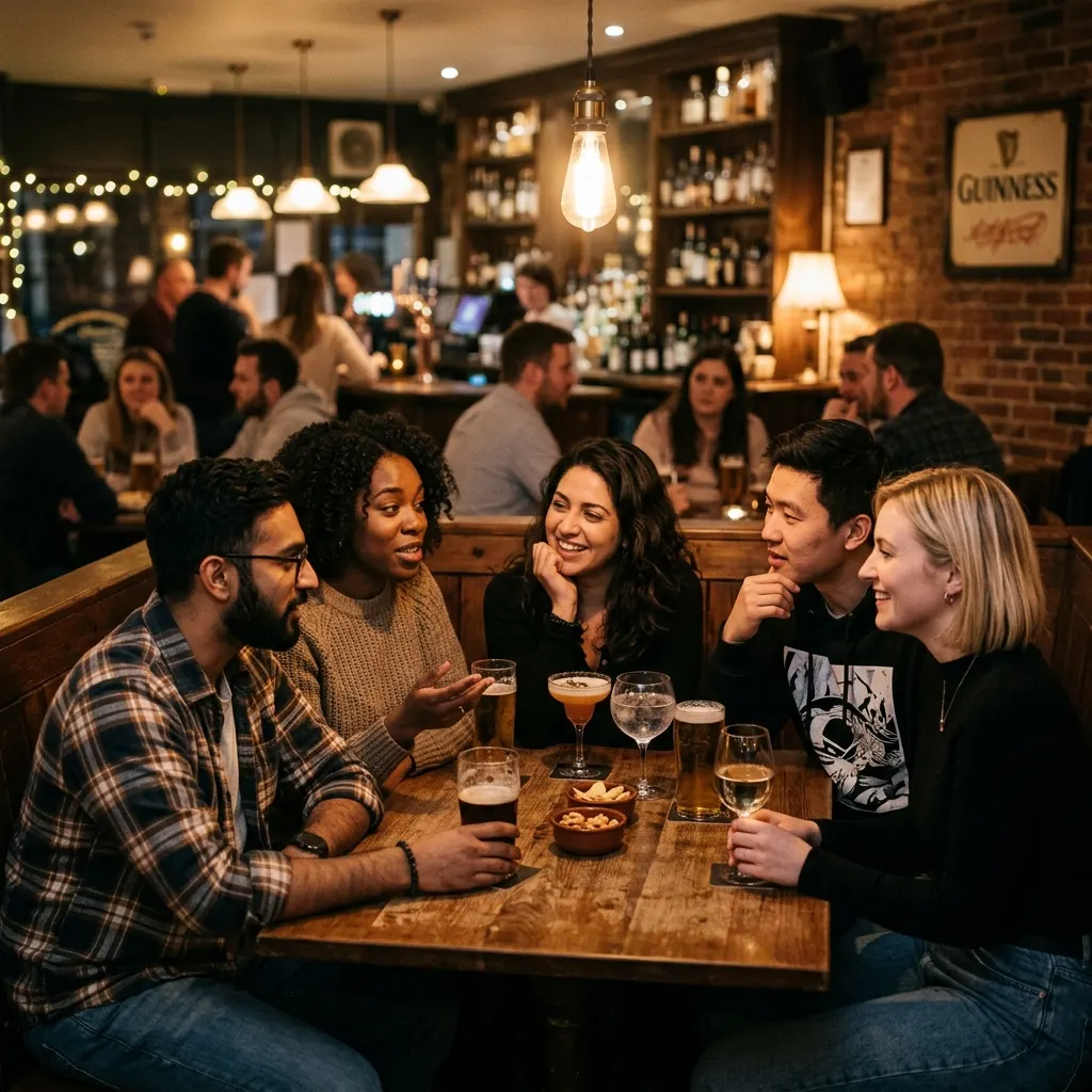 Diverse group of friends talking, laughing, and sharing drinks around a wooden table inside a cozy pub.