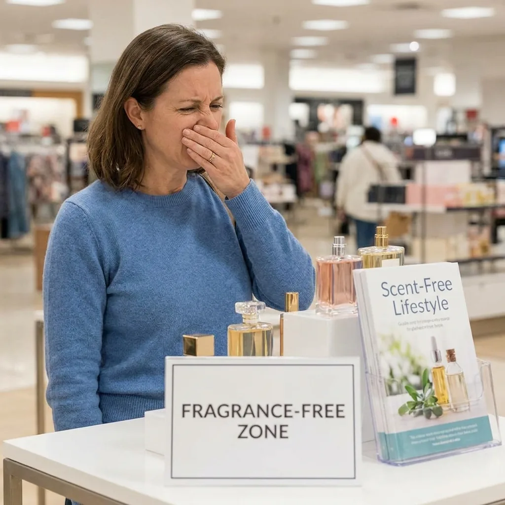 Woman experiencing smell sensitivity covering her nose in a department store next to a Fragrance-Free Zone sign and Scent-Free Lifestyle brochure.