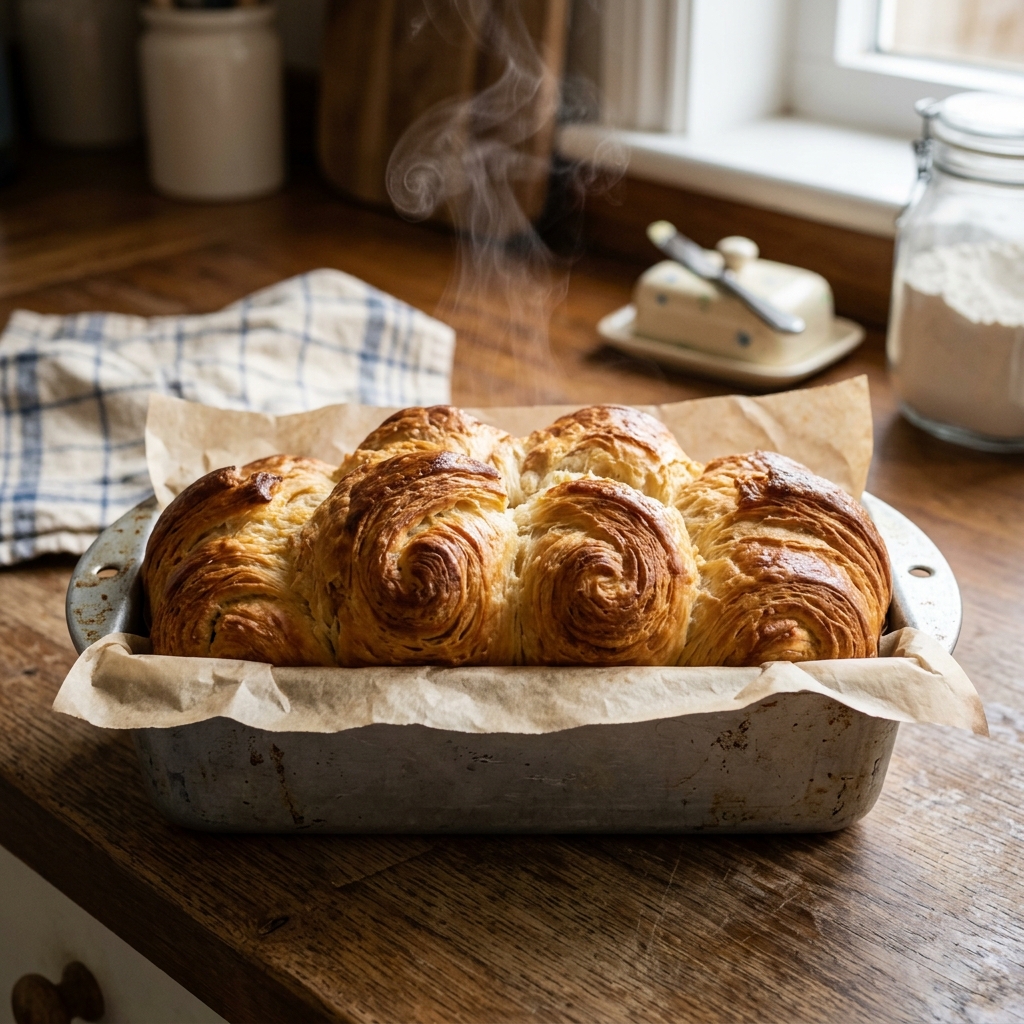 A golden brown, freshly baked crescent roll bread loaf resting on parchment paper inside a classic loaf pan, with steam gently rising.