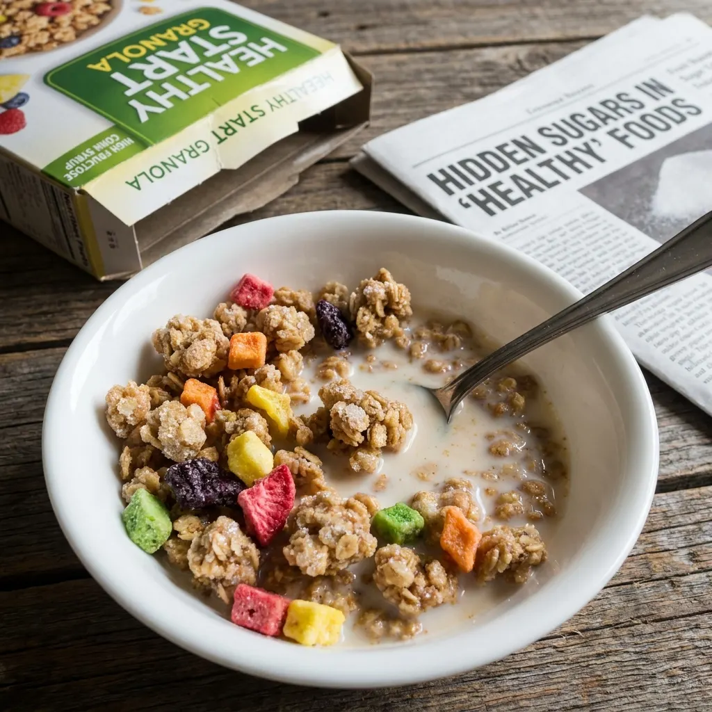 Bowl of granola cereal with milk next to a newspaper headline reading Hidden Sugars In Healthy Foods