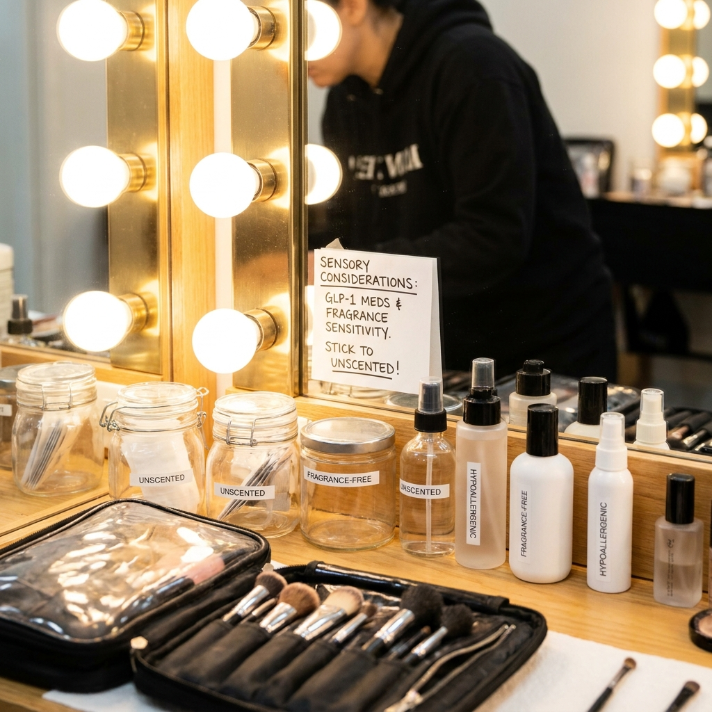 Hollywood makeup vanity station featuring fragrance-free and unscented cosmetic products with a sign noting sensory considerations for GLP-1 medications.