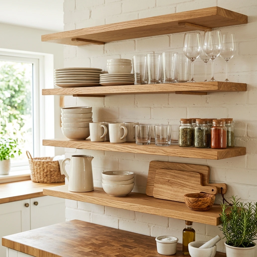 Modern kitchen open shelving made of natural oak wood, organized with white dishes, glassware, and spice jars against a painted white brick wall.