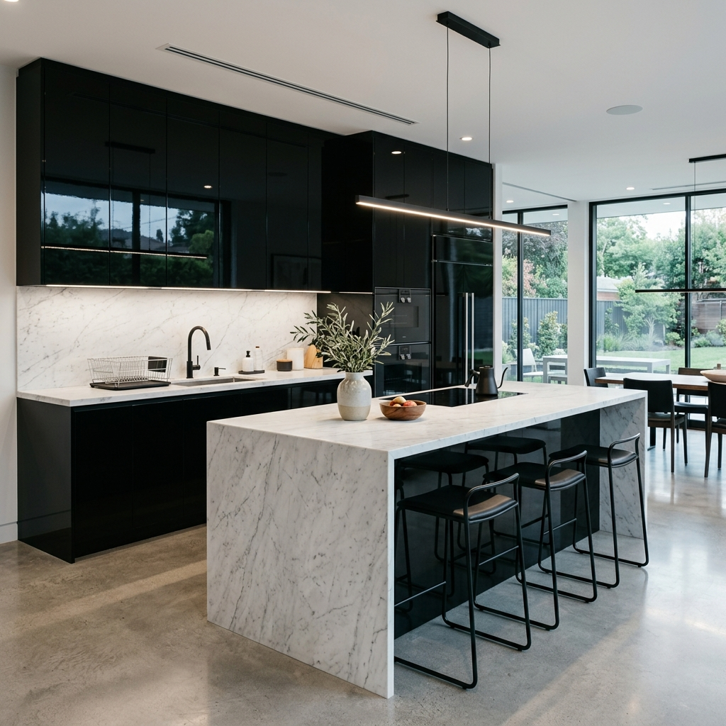 Luxury minimalist kitchen design featuring high-gloss black cabinets, a large white marble waterfall island, and modern black barstools.