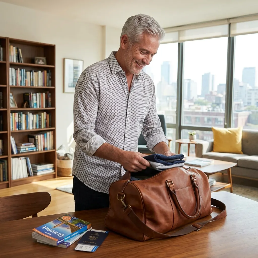 Smiling mature man with grey hair packing clothes into a brown leather travel duffel bag in a bright modern apartment