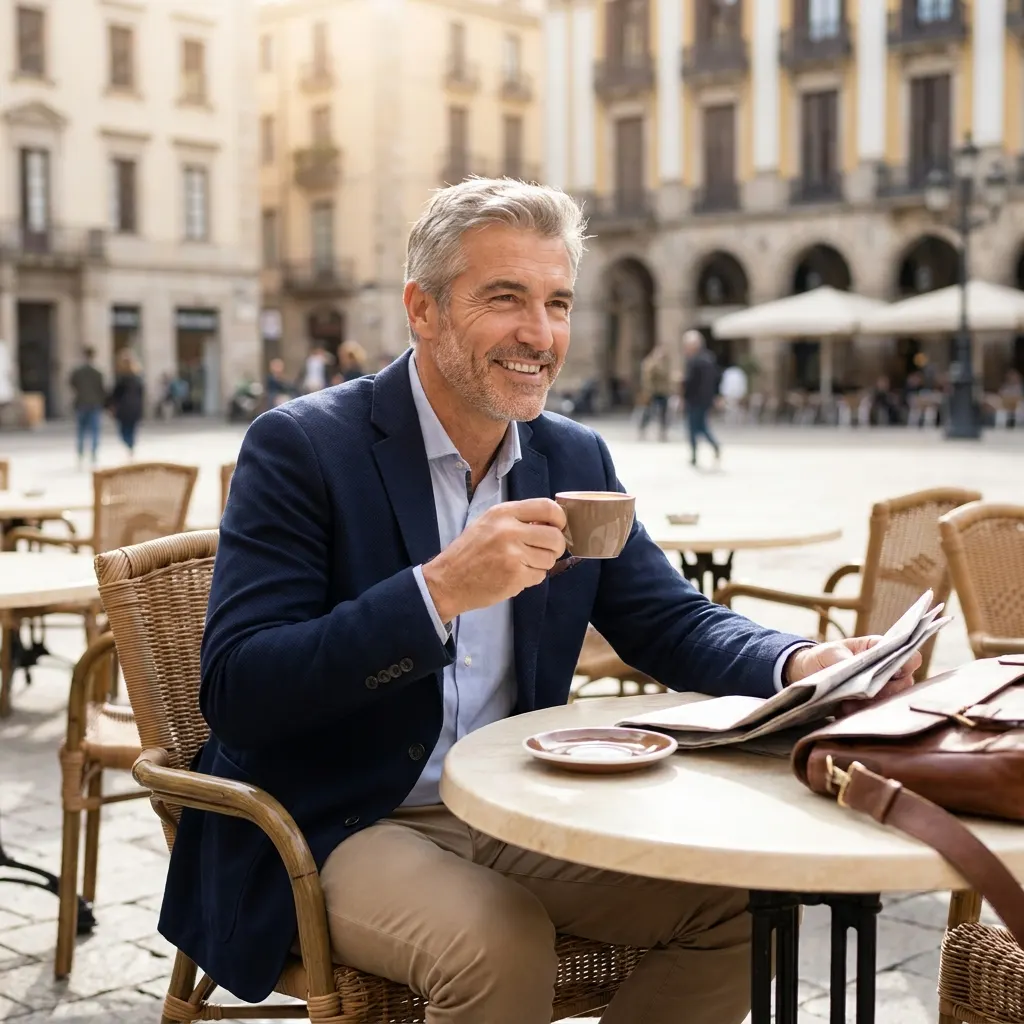 Smiling mature man in a blue blazer enjoying morning coffee at an outdoor cafe table in a sunny city square