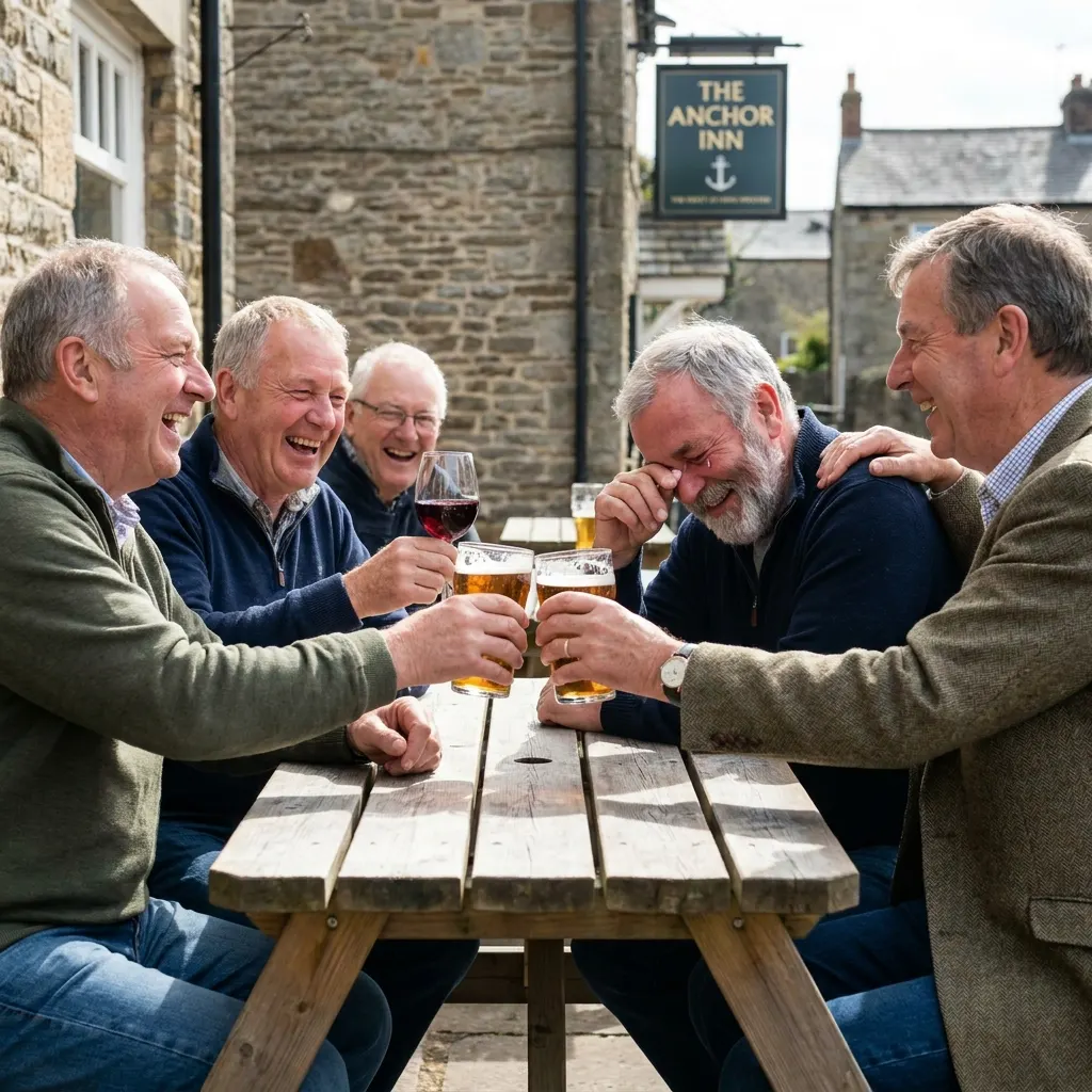 Group of five senior men laughing together while enjoying beers and wine at an outdoor picnic table outside a traditional pub