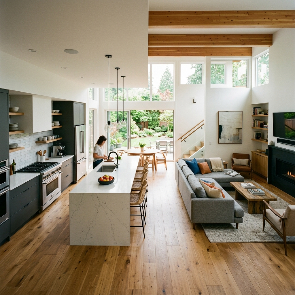 Modern open-concept main floor layout showcasing a seamless transition from a marble island kitchen to a bright living room with high ceilings.