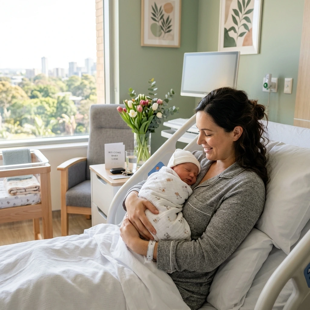 Smiling mother sitting in a hospital bed gently cradling her newborn baby wrapped in a swaddle blanket, with a bassinet, fresh flowers, and a large sunny window in the background.