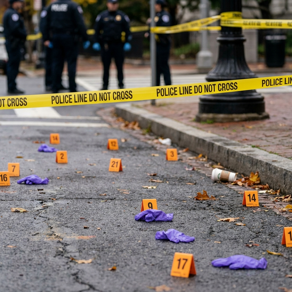 Active crime scene cordoned off with yellow police tape showing orange evidence markers and discarded purple gloves on a wet city street