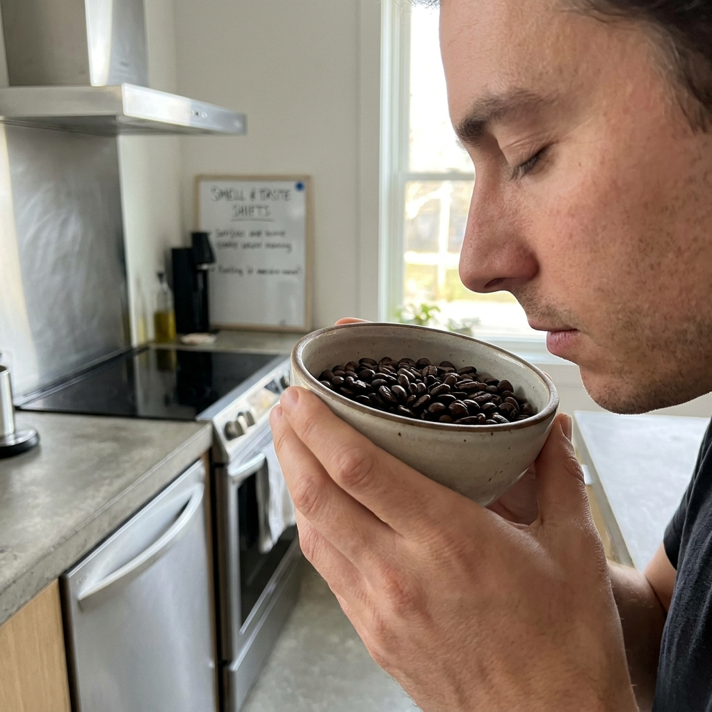 Man with closed eyes smelling a bowl of roasted coffee beans in a modern kitchen with a whiteboard noting smell and taste shifts.