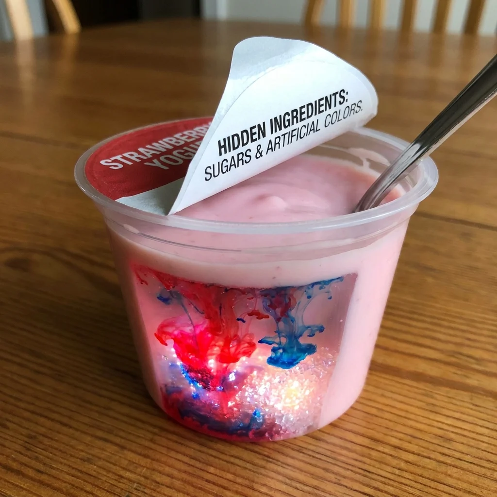 Strawberry yogurt container with peeled lid visually revealing hidden sugars and bright artificial food coloring inside