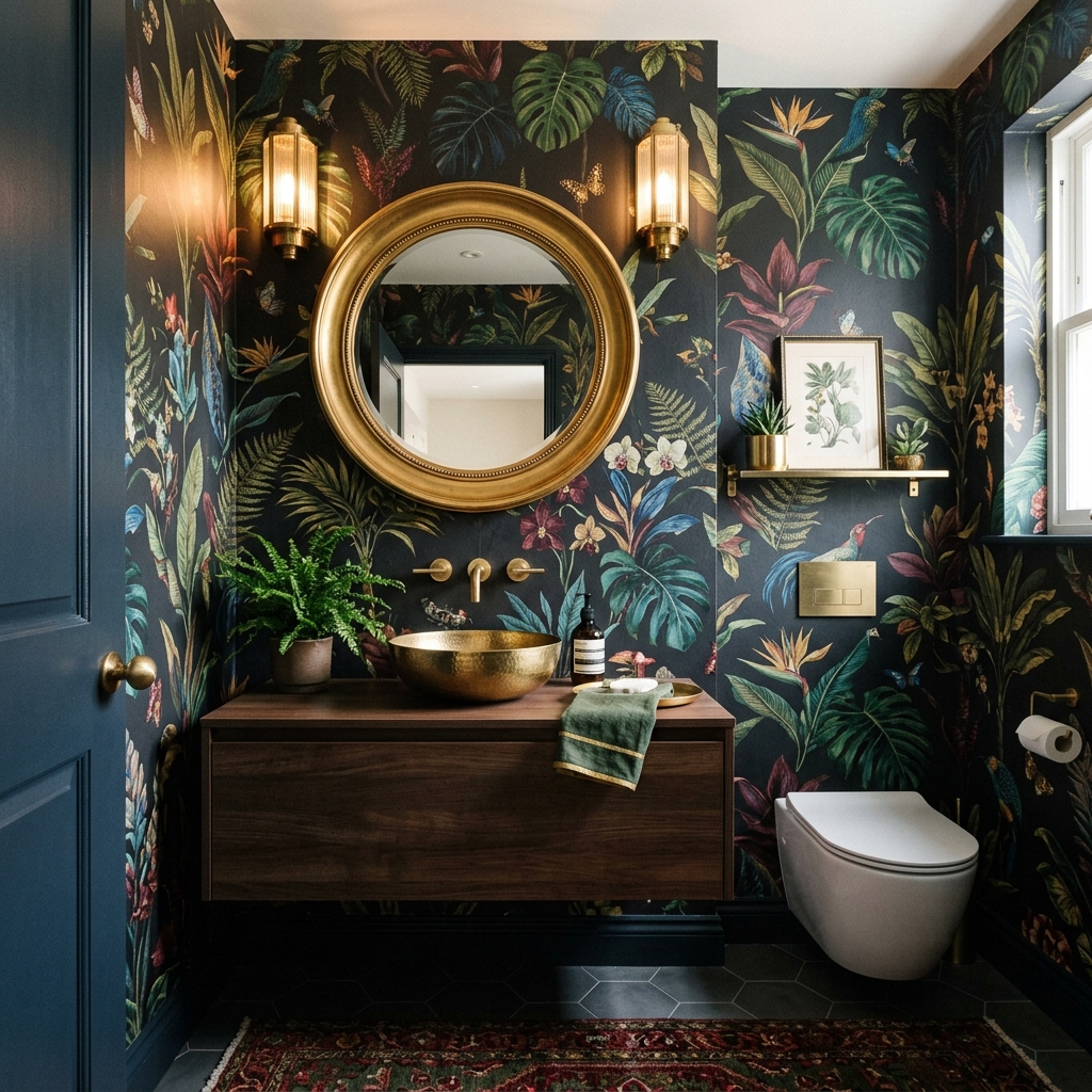 Bold powder room interior design featuring dark tropical botanical wallpaper, a floating wood vanity, and a round gold mirror with matching brass fixtures.