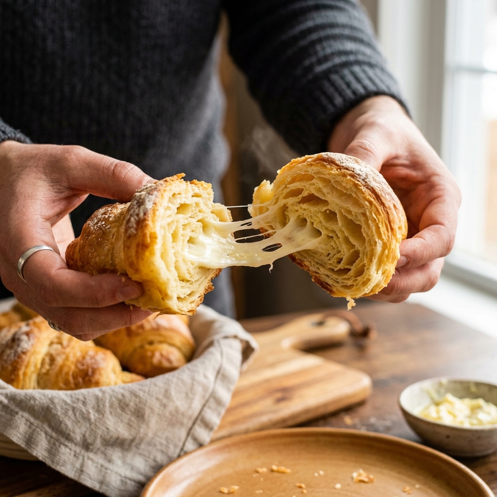 A close-up shot of someone pulling apart a warm slice of crescent roll bread, revealing distinct flaky, buttery layers and melted mozzarella cheese.