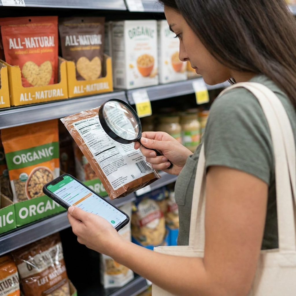 Woman using a magnifying glass and mobile app to read nutrition labels and check for hidden ingredients in a grocery store
