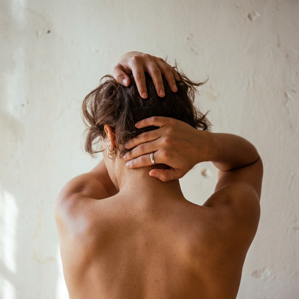 Person viewed from behind with bare back, hands clasped in messy brown hair, wearing silver rings and hoop earrings against a textured cream wall.