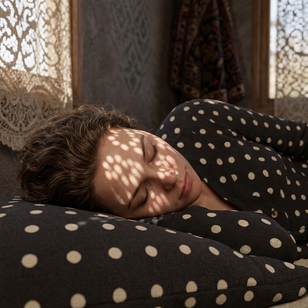 High-angle shot of a woman sleeping peacefully in a dark polka-dot top, with soft, dappled sunlight filtering through a lace curtain onto her face.