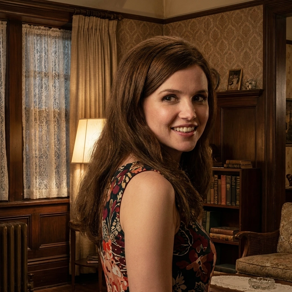 Hannah Murray smiling over her shoulder in a vintage-styled living room with wood paneling, wearing a dark floral dress.