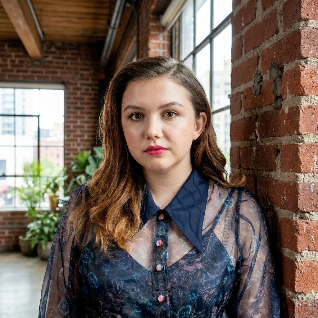 Portrait of Hannah Murray standing next to an exposed brick wall and industrial window, wearing a sheer blue patterned blouse.