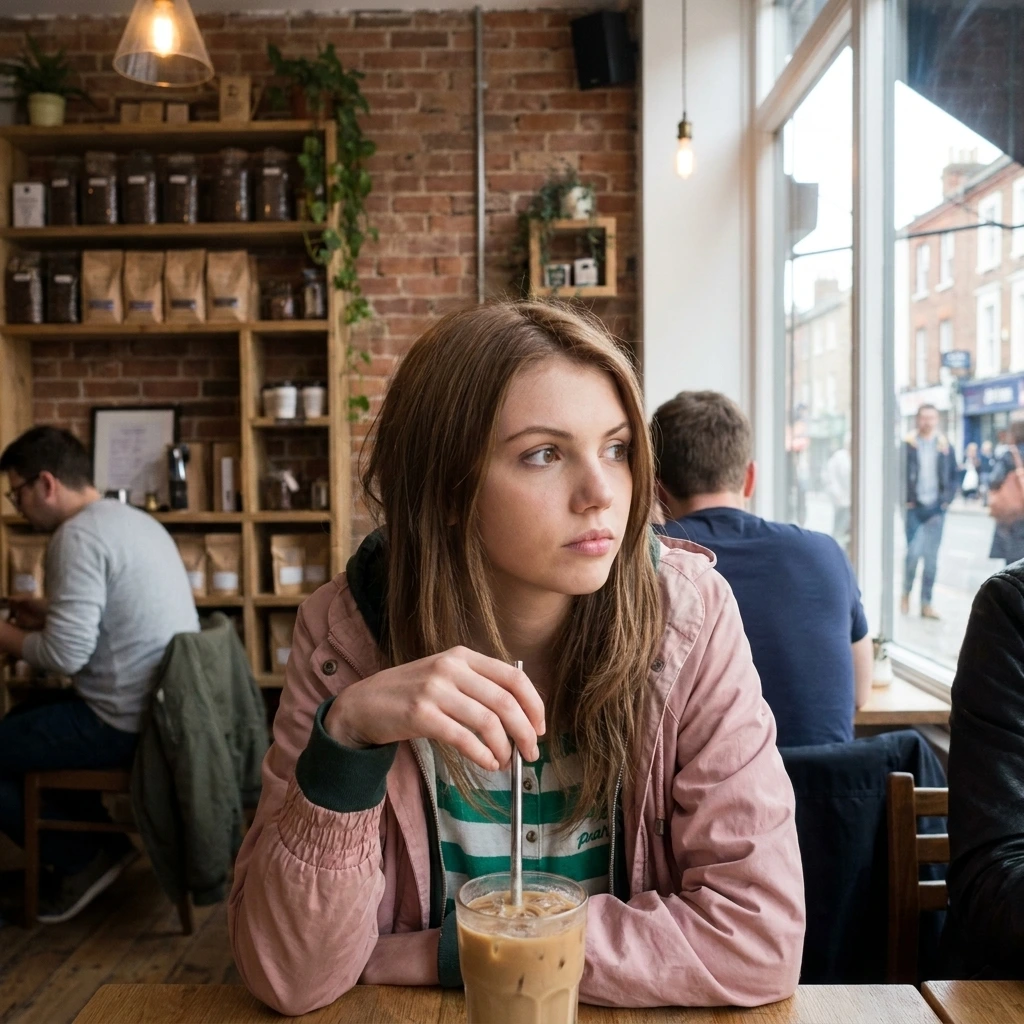 Hannah Murray sitting inside a rustic, brick-walled cafe, looking thoughtfully out the window while drinking an iced coffee.