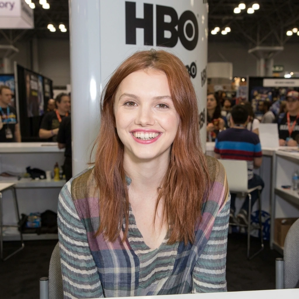 Actress Hannah Murray smiling warmly at an HBO event, wearing a casual multi-colored striped shirt.