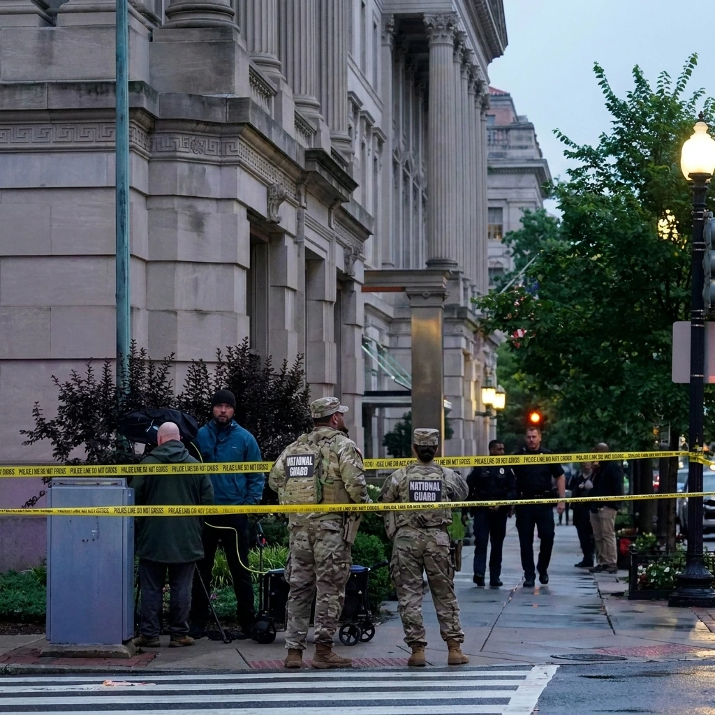 National Guard troops and police officers securing a building perimeter with yellow crime scene tape near a film crew