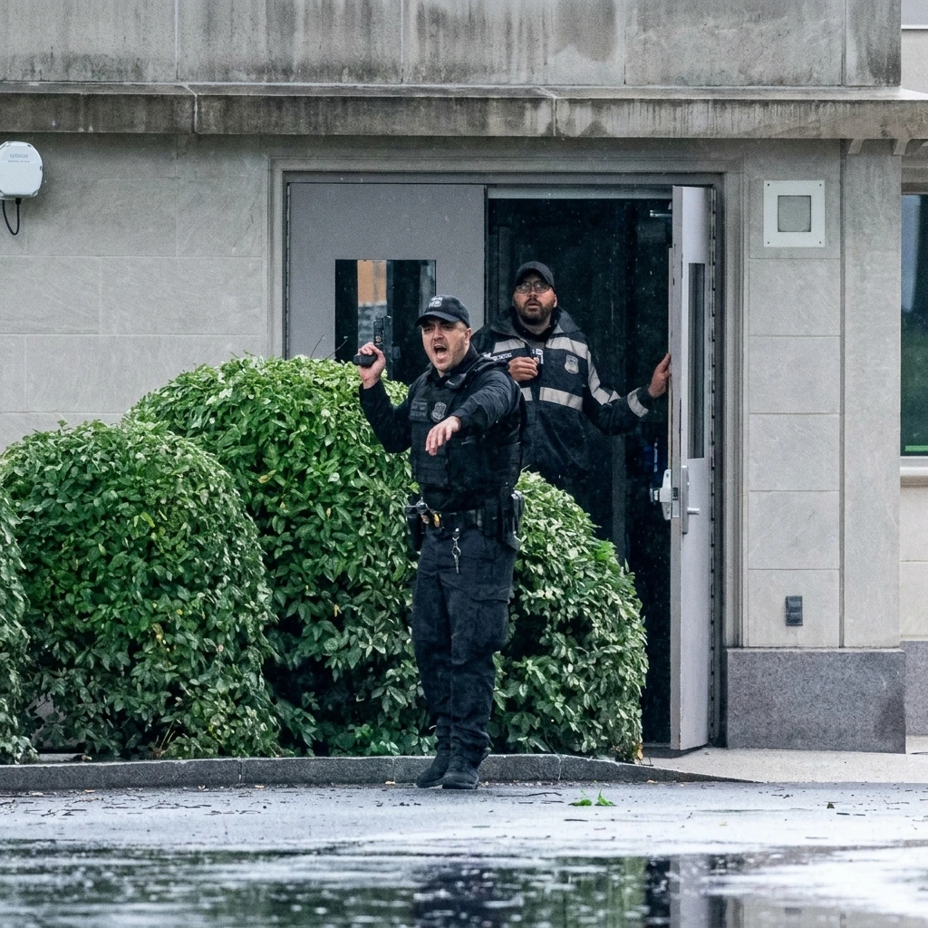 National Guard troops and police officers securing a building perimeter with yellow crime scene tape near a film crew