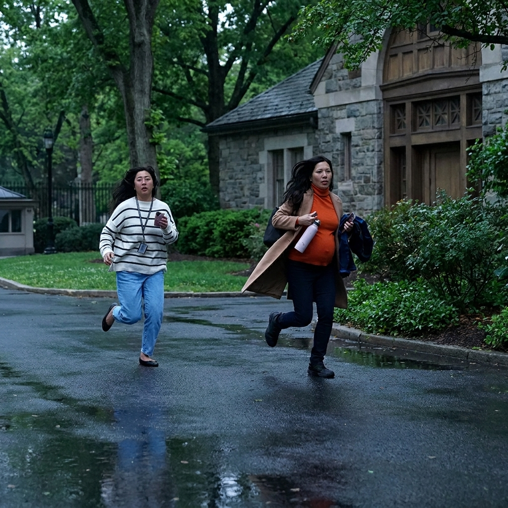 Two women running urgently in the rain on a wet paved driveway away from a stone building