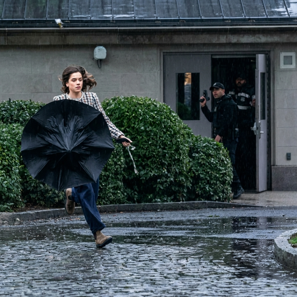 Woman fleeing with a broken black umbrella in heavy rain as armed security personnel emerge from a building