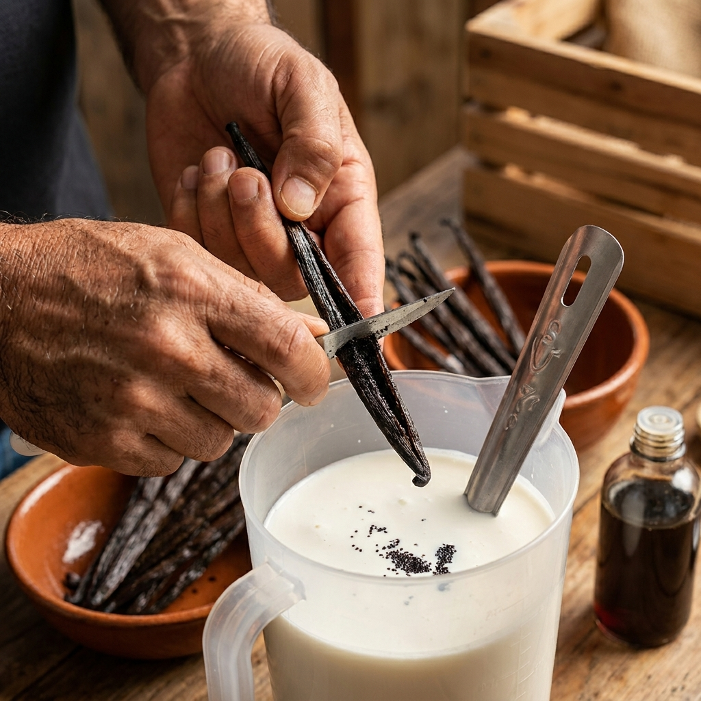 Hands using a knife to scrape fresh vanilla bean seeds from the pod into a measuring pitcher filled with milk.