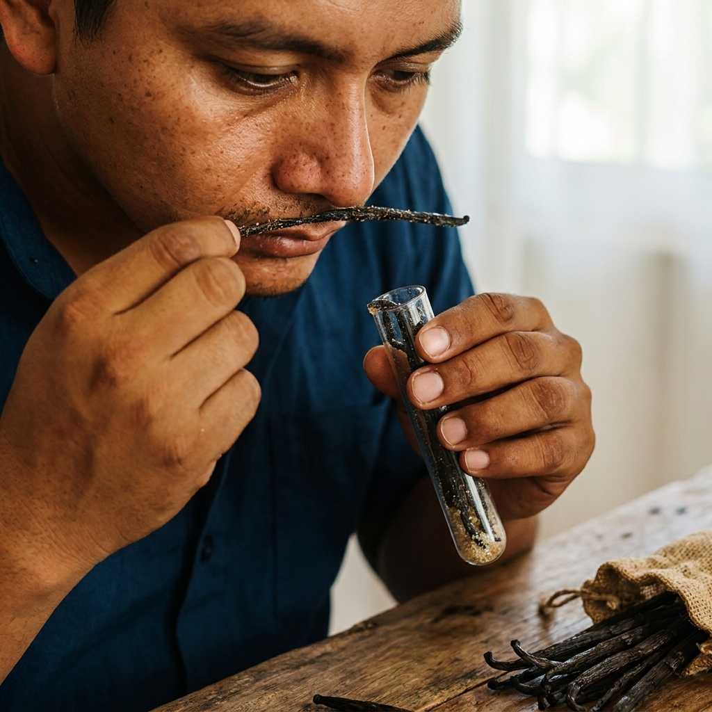 Close-up of a person carefully smelling a fresh vanilla bean pod over a small glass test tube on a rustic wooden table.