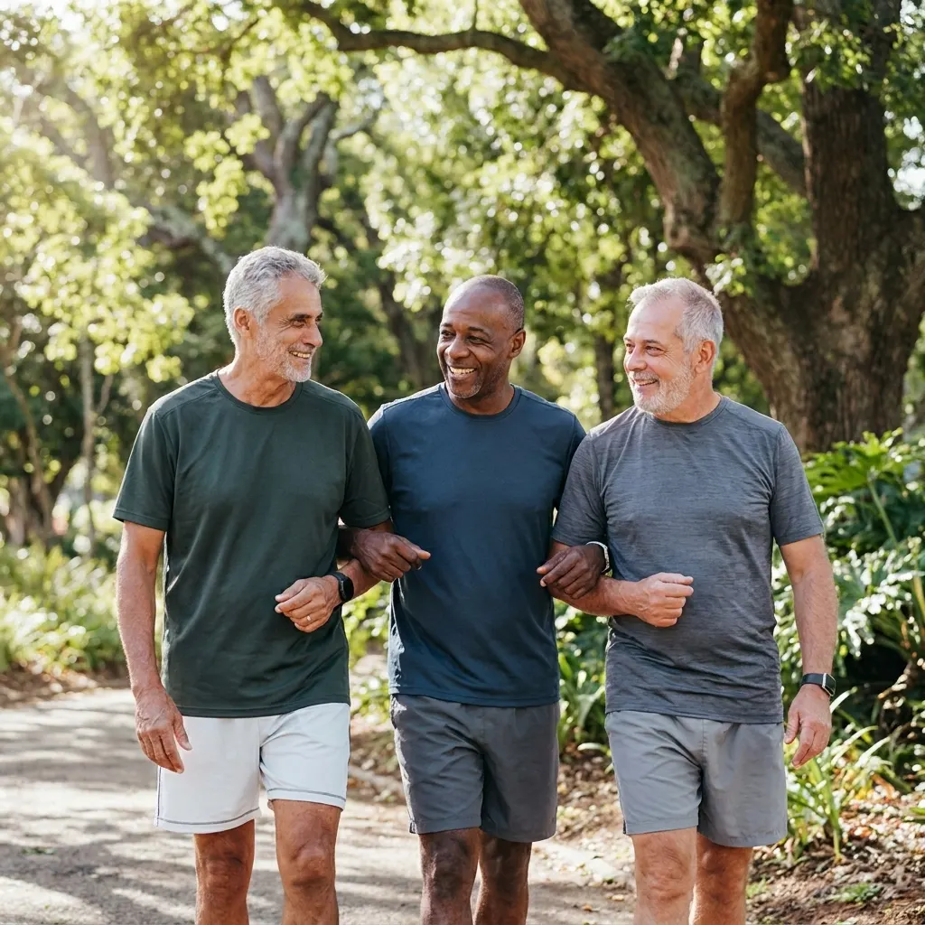 Three active mature men smiling and walking arm-in-arm together along a path in a sunny outdoor park