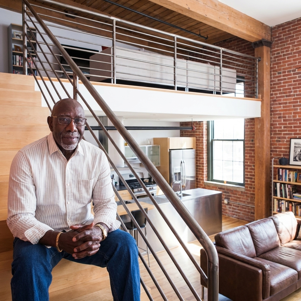 Mature Black man with glasses smiling while sitting on wooden stairs in a modern industrial loft apartment