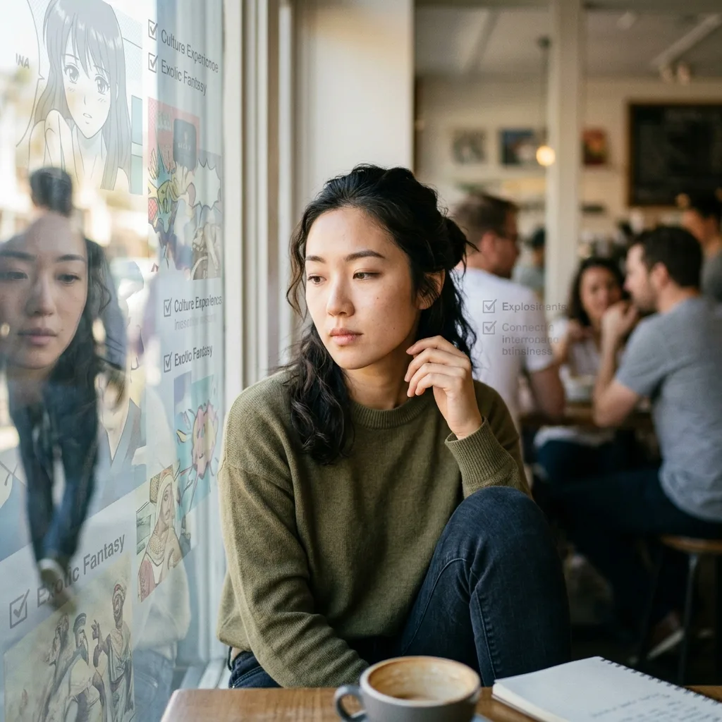 Thoughtful young Asian woman looking out a cafe window with exoticizing words and stereotypical text reflected on the glass.