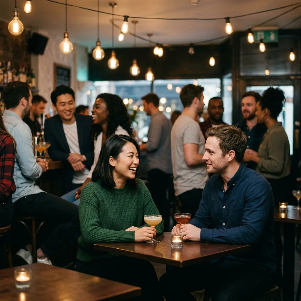 Young Asian woman and white man chatting over cocktails on a date at a warmly lit, crowded bar.
