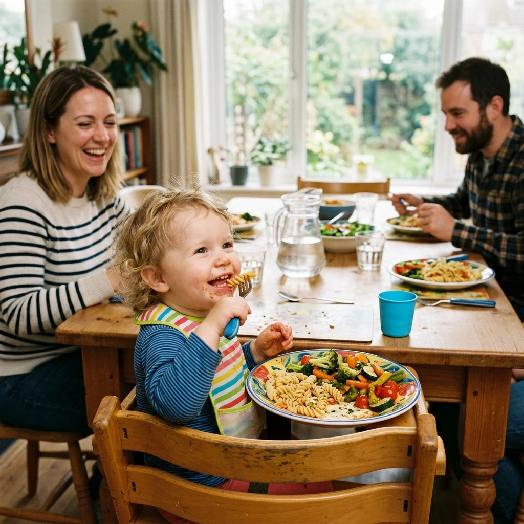 miling toddler sitting in a wooden high chair using a fork to eat a plate of pasta and roasted vegetables, with happy parents in the background at a bright family dining table.