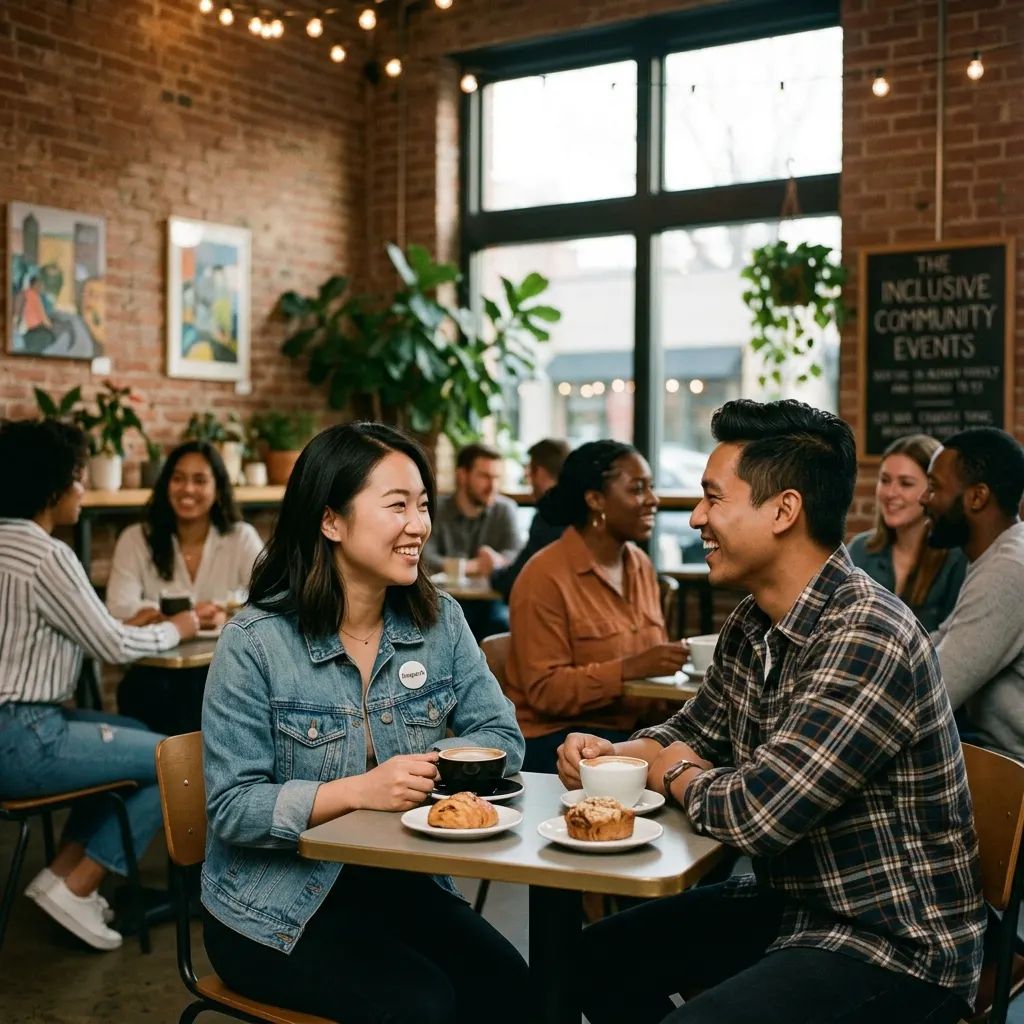 Young Asian man and woman smiling and enjoying a coffee date at a bright, sunlit cafe.