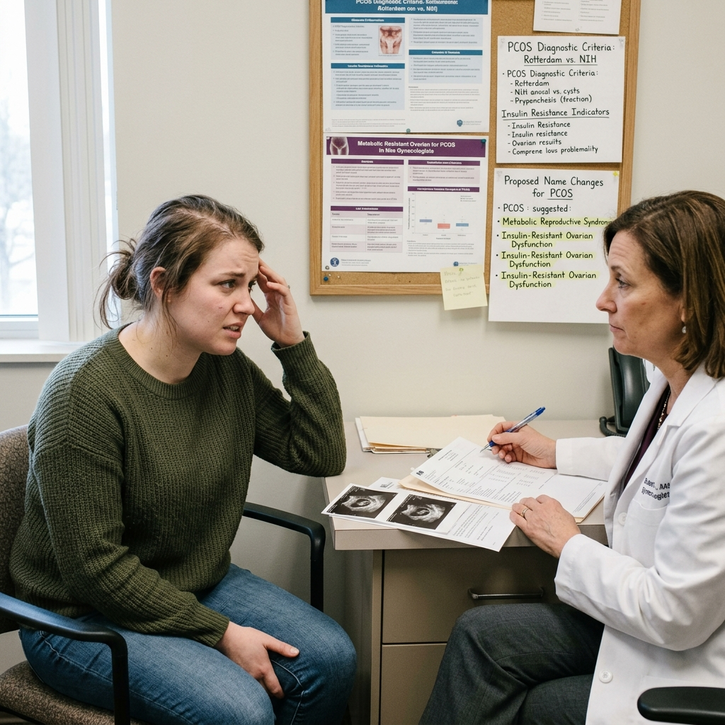 An anxious woman in a green sweater discussing medical documents with a female doctor in an office featuring PCOS diagnostic posters.